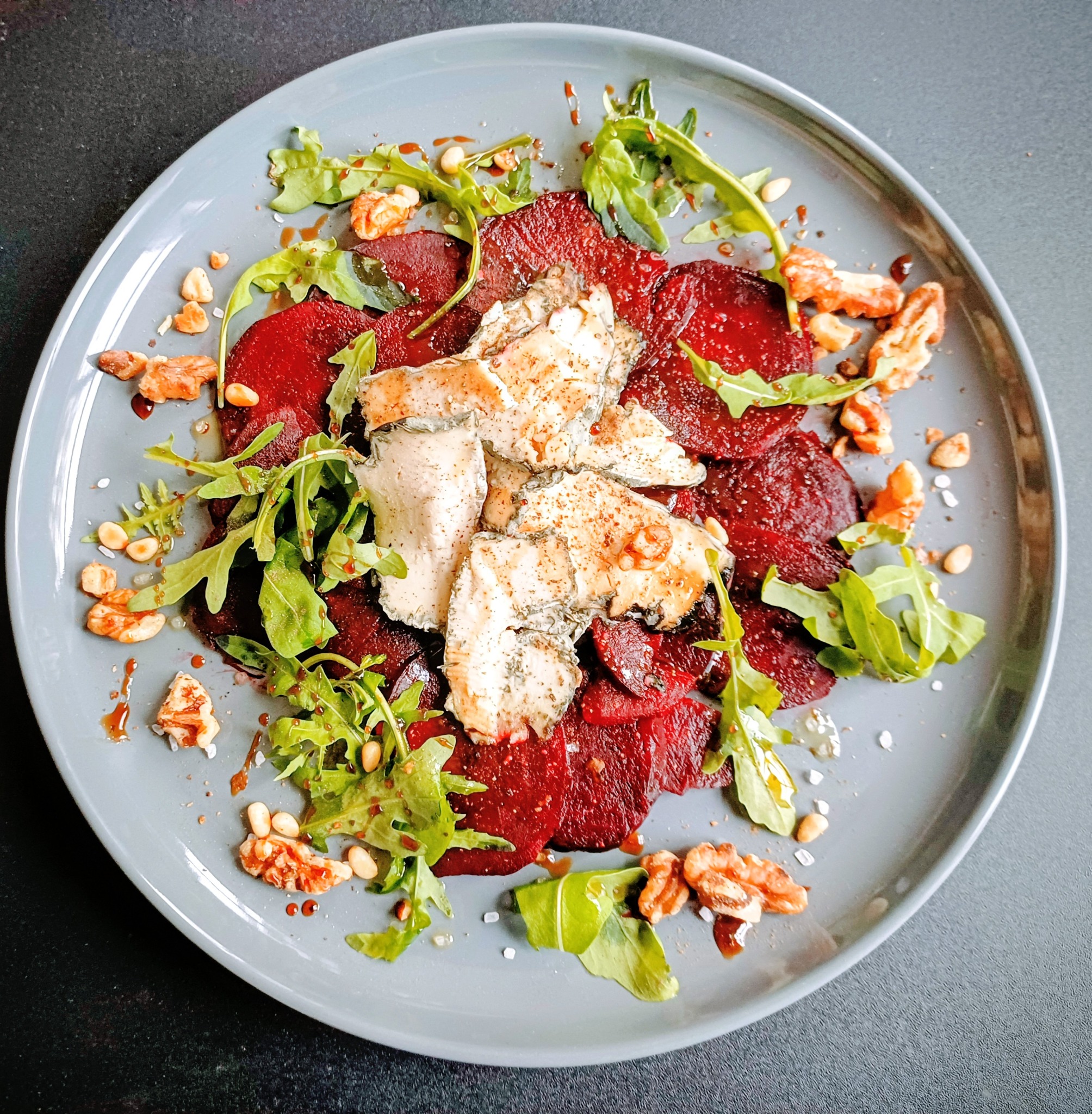 Beetroot and rocket salad topped with Vegan-Lee blue cheese and walnuts